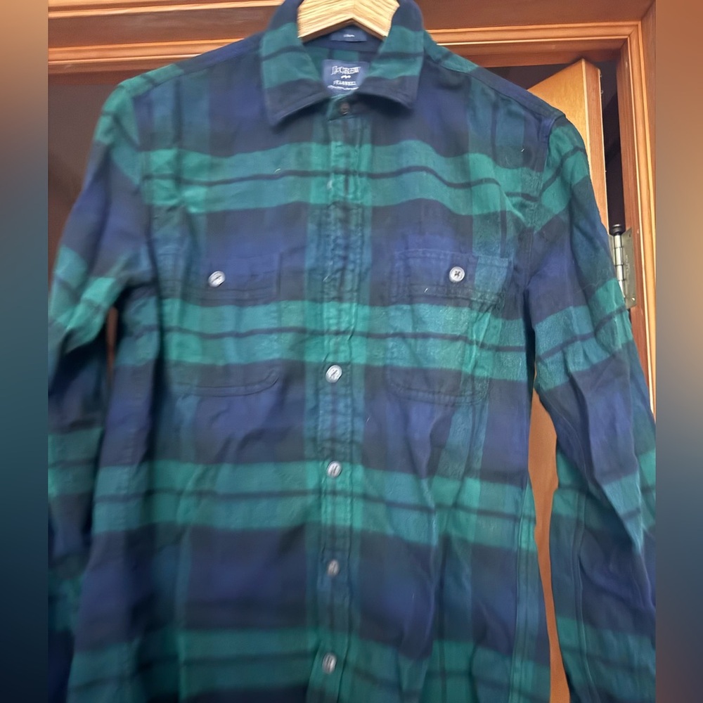 J. Crew Men's Casual Green and Blue Checkered Shirt